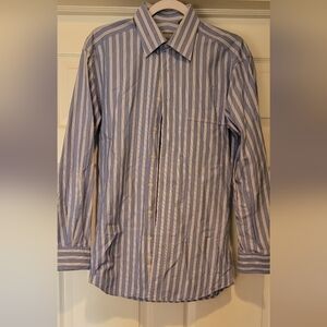 $198 Men's Hickey Freeman Blue Button Down White Striped Collared Casual Shirt